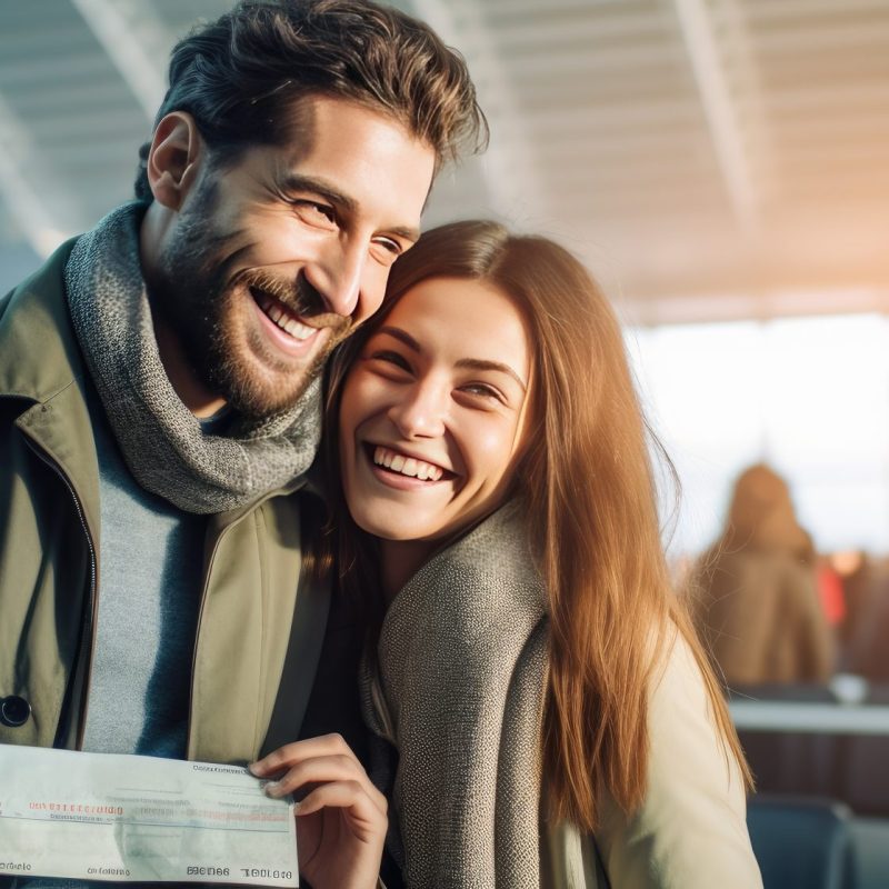 Smiling couple with passports ready for vacation standing near travel offer Smiling couple with passports ready for vacation standing near travel offer